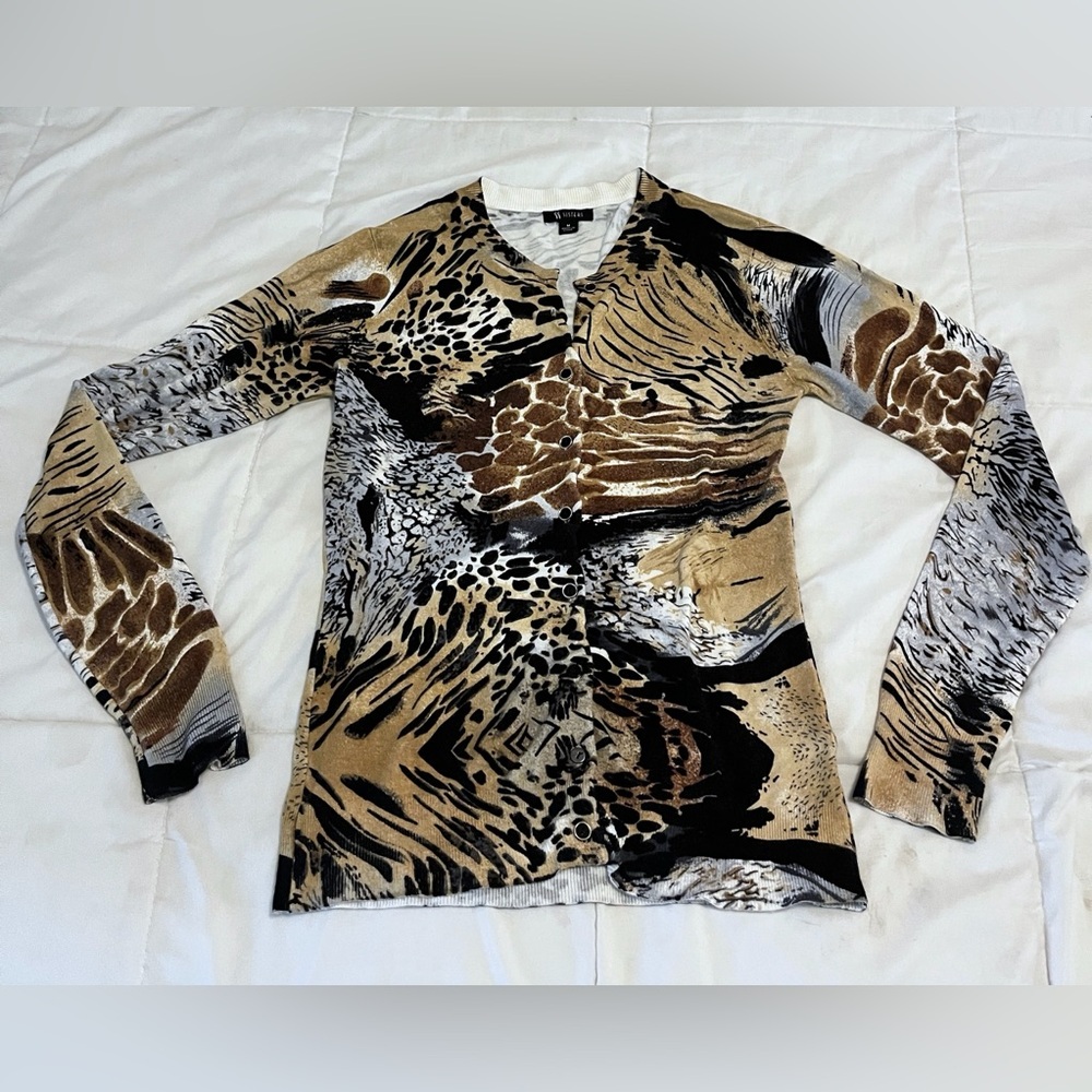 ii Sisters Abstract Mixed Animal Print Button Front Cardigan Sweater size m